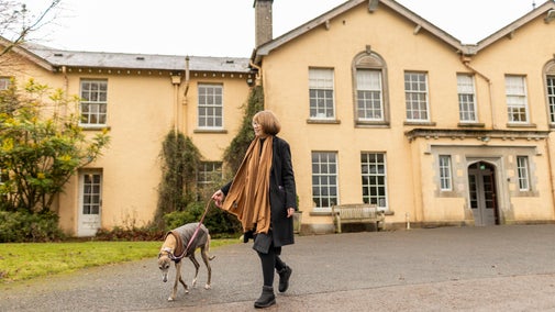 Visitors with their dogs at Christmas time at Rowallane Garden, County Down